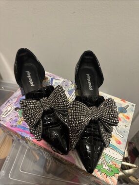 Jeffrey Campbell Black Patent Pointed Flats with Crystal Bow Embellishment